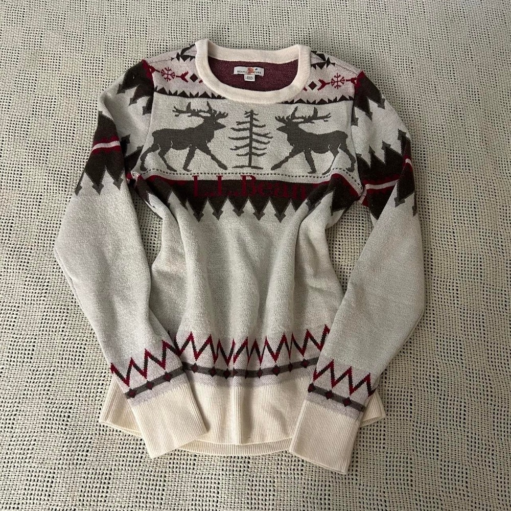 Merino Wool L.L.Bean Reindeer Fair Isle Holiday Sweater Size XXS